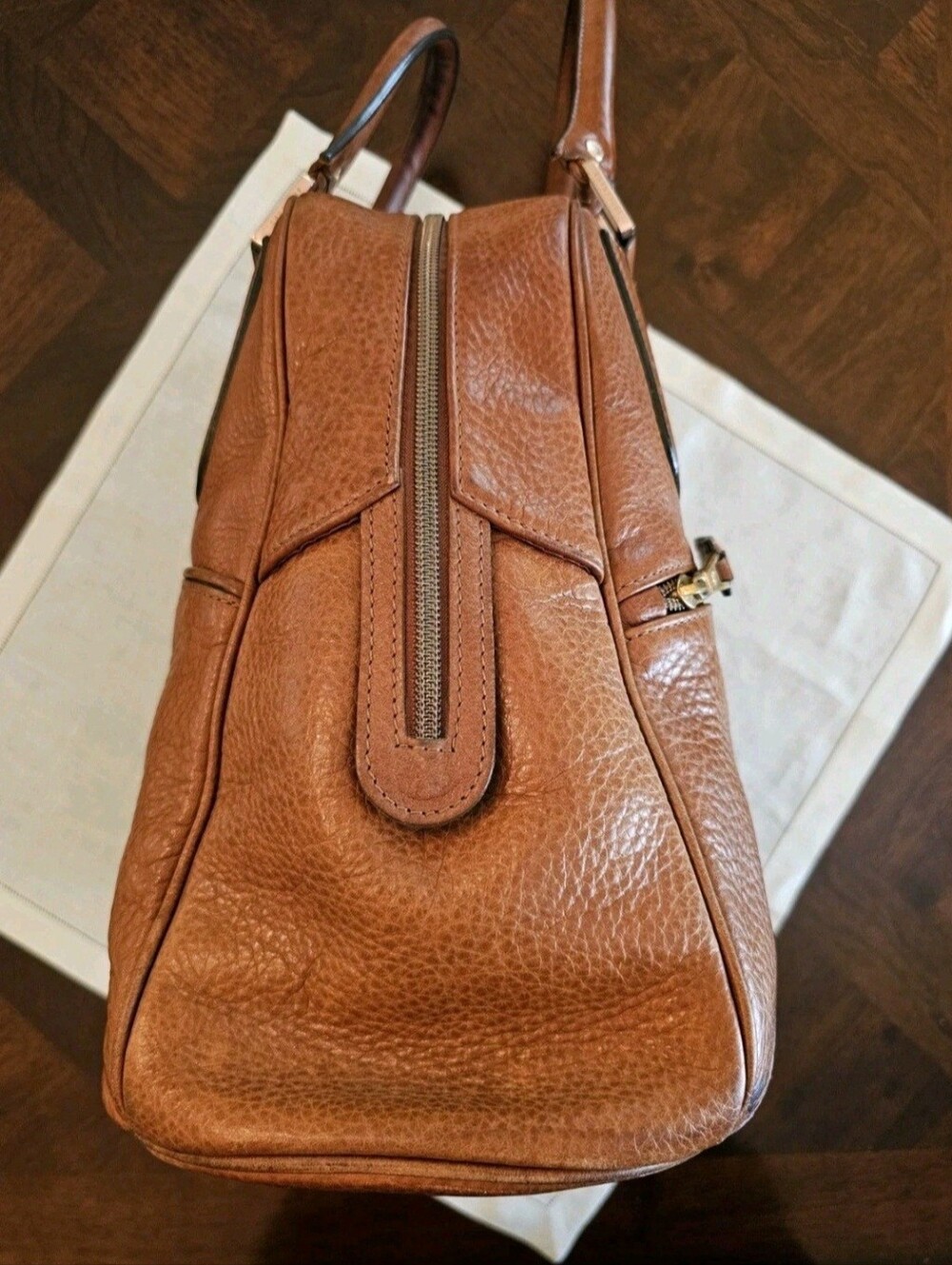 Longchamp Cosmos Large Brown Pebble Leather Tote Satchel Zip Closure Gold France - Picture 7 of 16